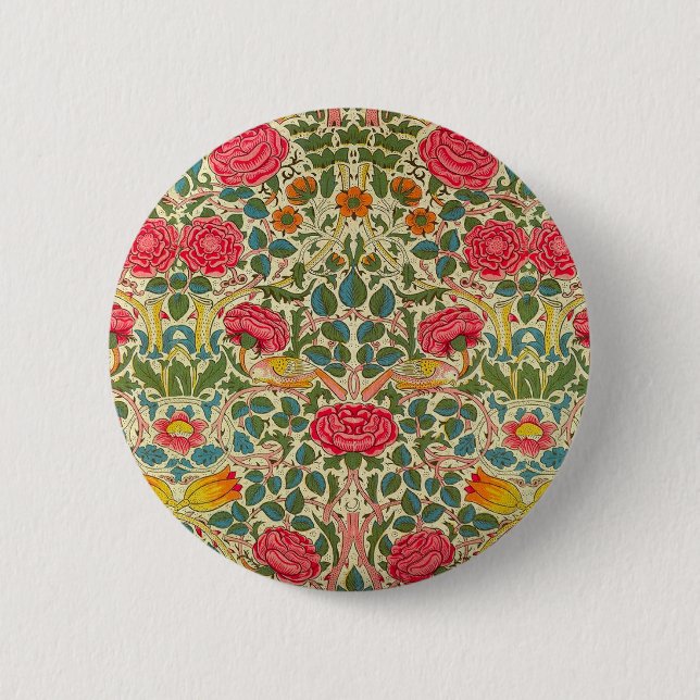 William Morris Rose Floral Chintz Pink Button (Front)