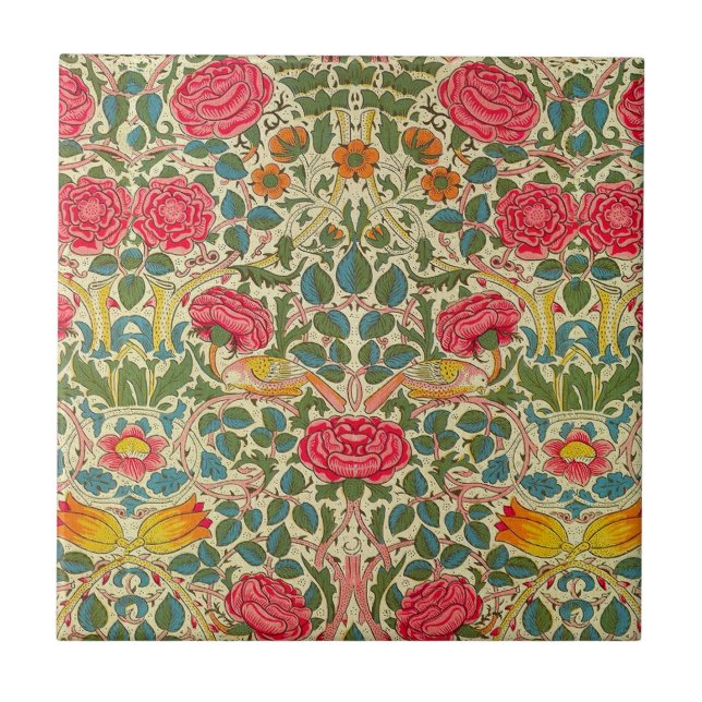William Morris Rose Floral Chintz Pink Ceramic Tile (Front)