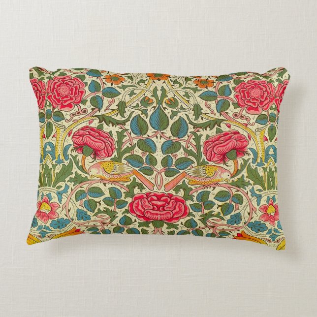 William Morris Rose Floral Chintz Pink Decorative Pillow (Back)