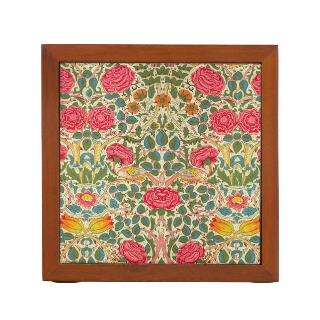 William Morris Rose Floral Chintz Pink Desk Organizer (Front)