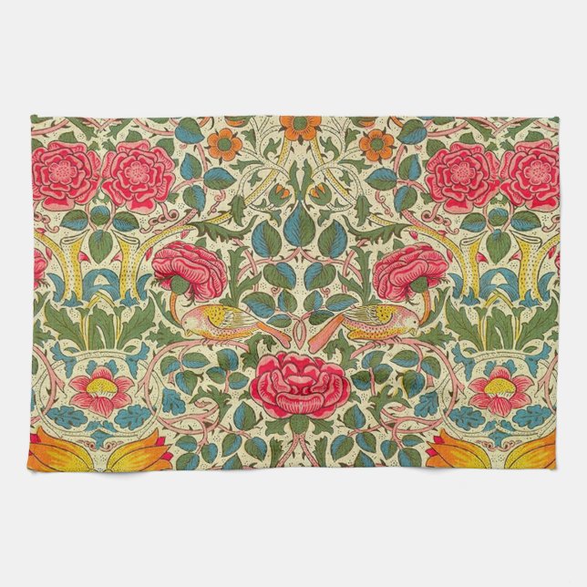 William Morris Rose Floral Chintz Pink Kitchen Towel (Horizontal)