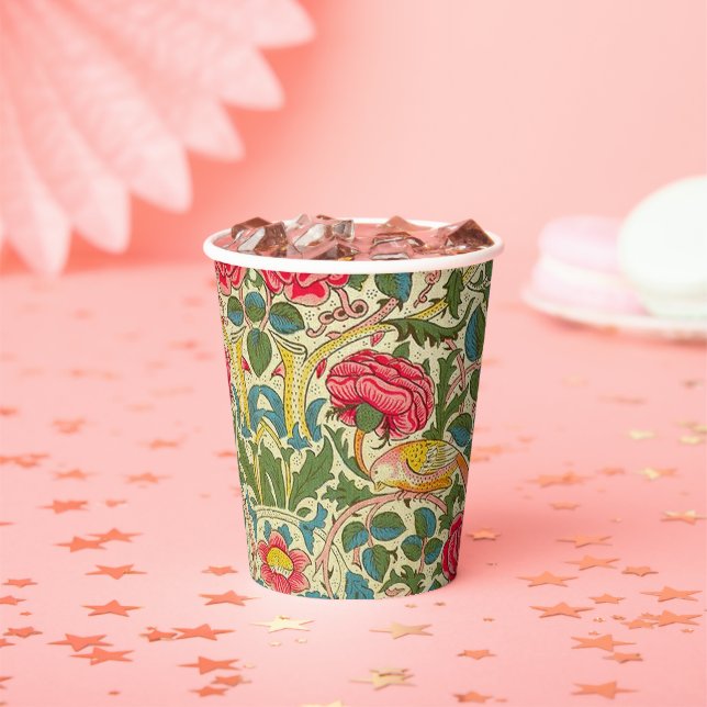 William Morris Rose Floral Chintz Pink Paper Cups (Insitu)