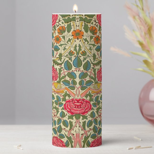 William Morris Rose Floral Chintz Pink Pillar Candle (In Situ)
