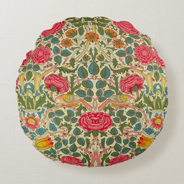William Morris Rose Floral Chintz Pink Round Pillow (Front)