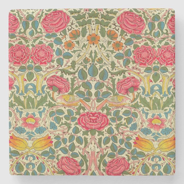 William Morris Rose Floral Chintz Pink Stone Coaster (Front)