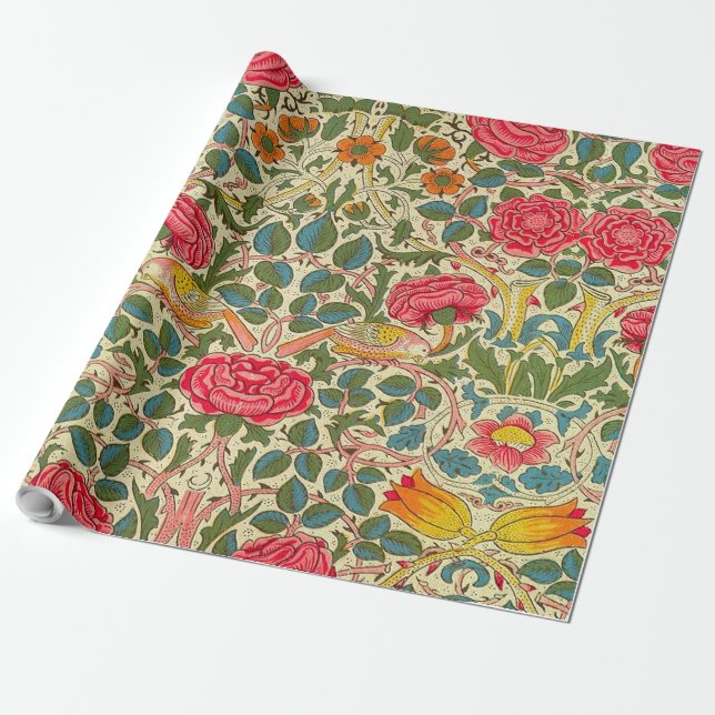 William Morris Rose Floral Chintz Pink Wrapping Paper (Unrolled)