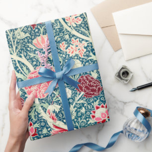 William Morris Rose Gold Green Blue Floral Pattern Wrapping Paper