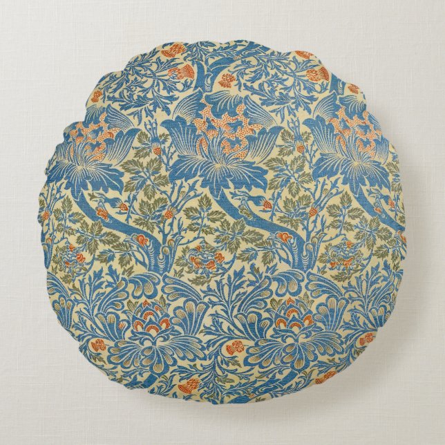 William Morris Rose & Thistle Floral Blue Round Pillow (Front)