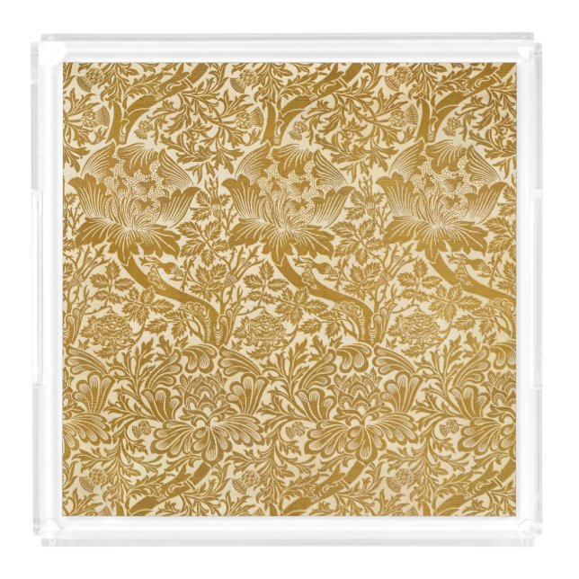 William Morris Rose & Thistle Floral Golden Acrylic Tray (Front)