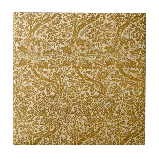 William Morris Rose & Thistle Floral Golden Ceramic Tile (Front)