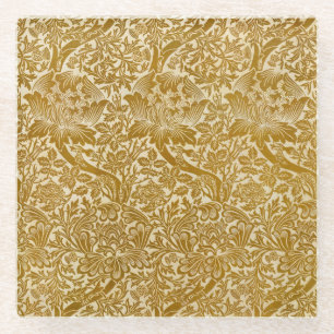 William Morris Rose & Thistle Floral Golden Glass Coaster