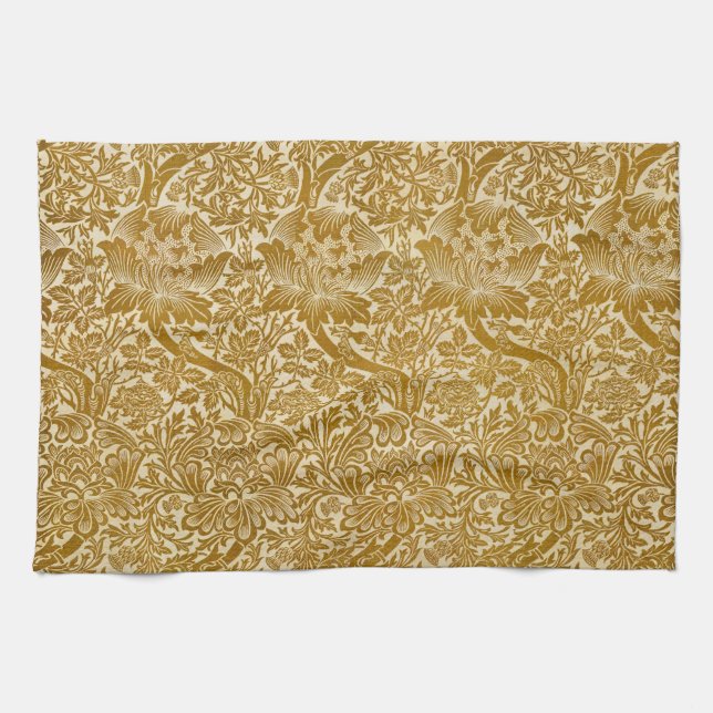 William Morris Rose & Thistle Floral Golden Kitchen Towel (Horizontal)