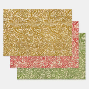 William Morris Rose & Thistle Floral Golden Red Wrapping Paper Sheets