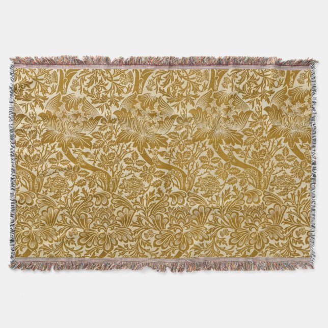 William Morris Rose & Thistle Floral Golden Throw Blanket (Front)