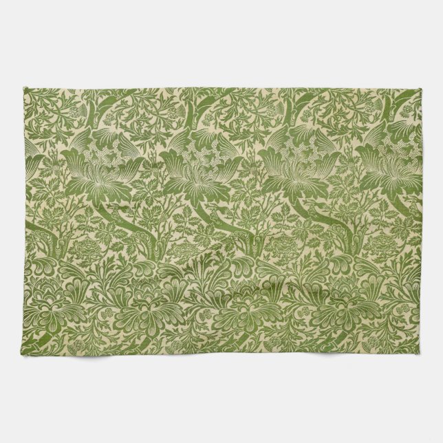 William Morris Rose & Thistle Floral Green Kitchen Towel (Horizontal)
