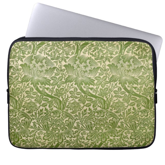 William Morris Rose & Thistle Floral Green Laptop Sleeve (Front)