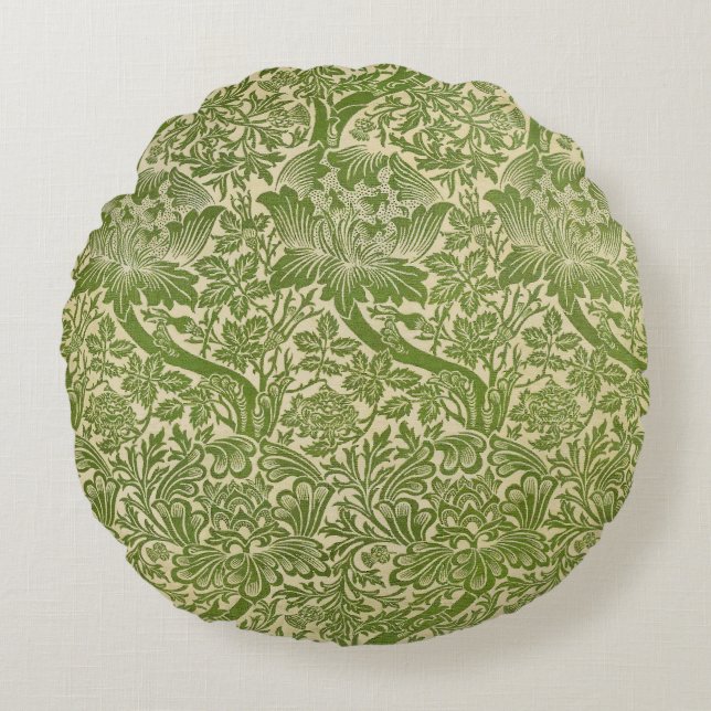 William Morris Rose & Thistle Floral Green Round Pillow (Front)