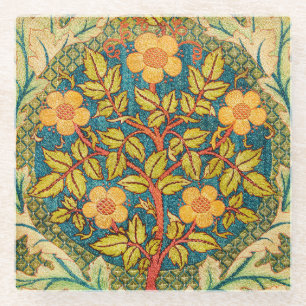 William Morris Rose Wreath: Classic Arts & Crafts  Glass Coaster