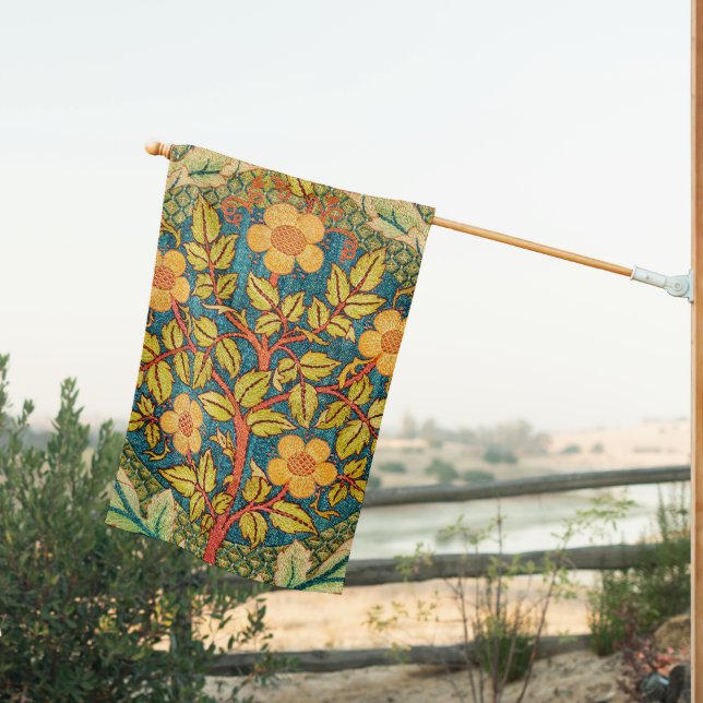 William Morris Rose Wreath: Classic Arts & Crafts  House Flag (Insitu (Back))