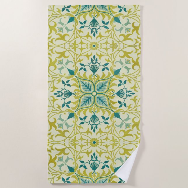 William Morris Seamless Ceiling Lime Green Pattern Beach Towel (Front)