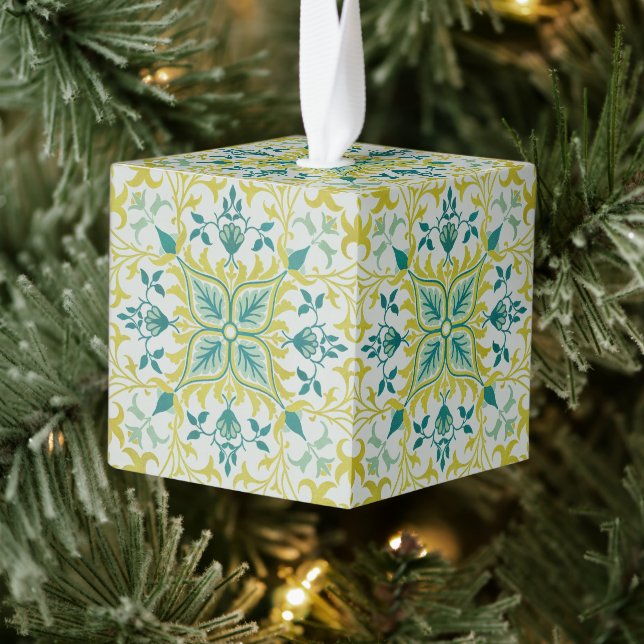 William Morris Seamless Ceiling Lime Green Pattern Cube Ornament (Tree)