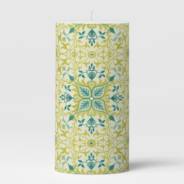 William Morris Seamless Ceiling Lime Green Pattern Pillar Candle (Front)