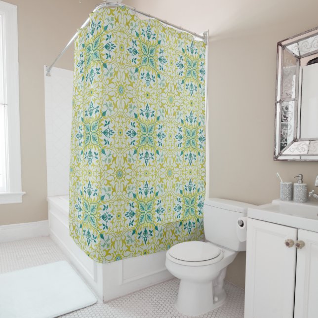 William Morris Seamless Ceiling Lime Green Pattern Shower Curtain (In Situ)