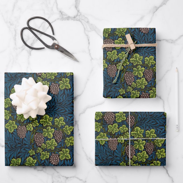 William Morris Seamless Grape Vine Black Pattern Wrapping Paper Sheets (Front)