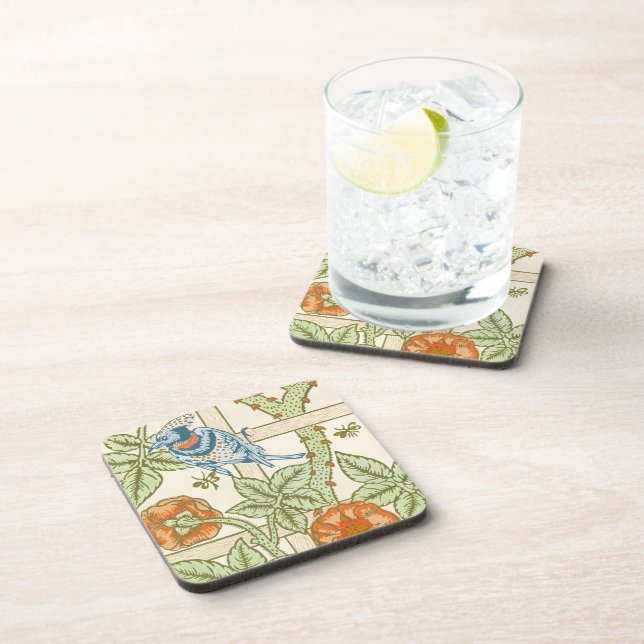 William Morris Seamless Trellis Bird Rose Pattern Beverage Coaster (Right Side)