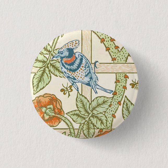 William Morris Seamless Trellis Bird Rose Pattern Button (Front)