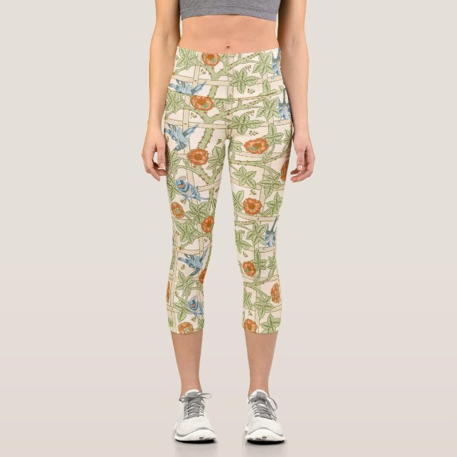 William Morris Seamless Trellis Bird Rose Pattern Capri Leggings (Front)
