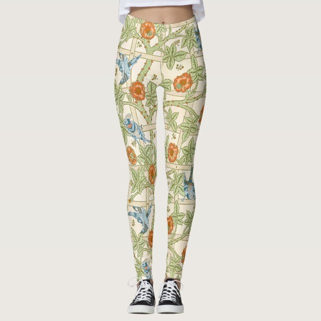 William Morris Seamless Trellis Bird Rose Pattern Leggings (Front)