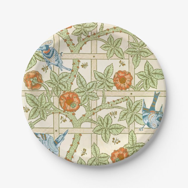 William Morris Seamless Trellis Bird Rose Pattern Paper Plates (Front)