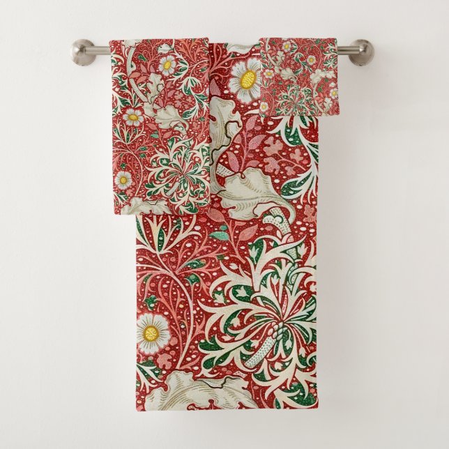 William Morris Seaweed Antique Flower Red Green Bath Towel Set (Insitu)