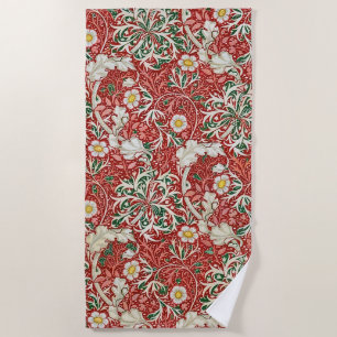 William Morris Seaweed Antique Flower Red Green Beach Towel