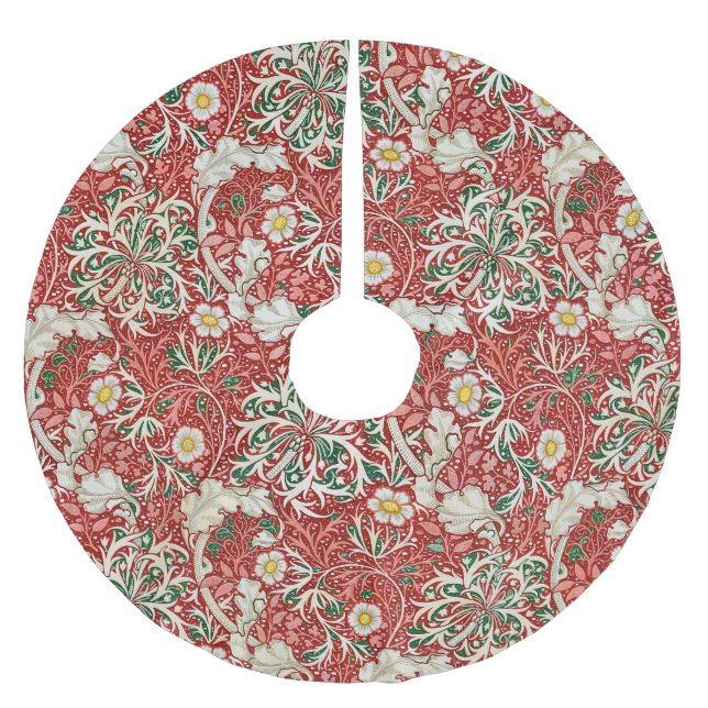 William Morris Seaweed Antique Flower Red Green Brushed Polyester Tree Skirt (Front)