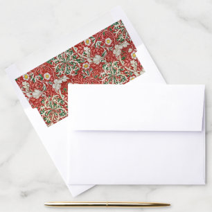 William Morris Seaweed Antique Flower Red Green Envelope Liner