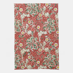 William Morris Seaweed Antique Flower Red Green Kitchen Towel