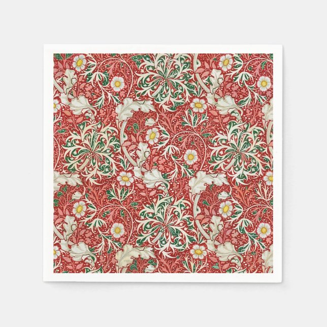 William Morris Seaweed Antique Flower Red Green Napkins (Front)