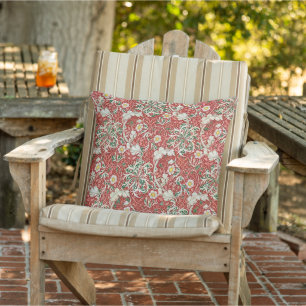 William Morris Seaweed Antique Flower Red Green Outdoor Pillow