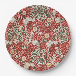 William Morris Seaweed Antique Flower Red Green Paper Plates