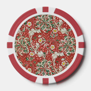William Morris Seaweed Antique Flower Red Green Poker Chips