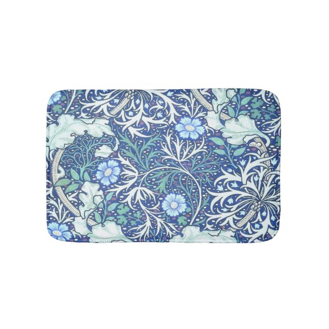 William Morris Seaweed Blue Pattern Bath Mat (Front)