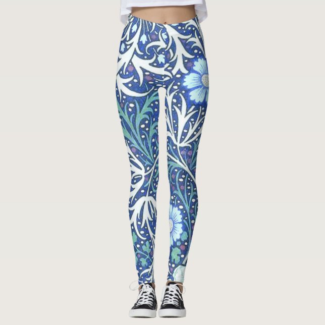 William Morris Seaweed Blue Pattern Leggings (Front)