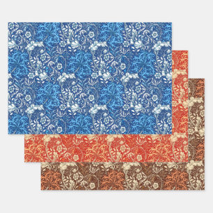 William Morris Seaweed Floral, Blue Coral & Brown Wrapping Paper Sheets