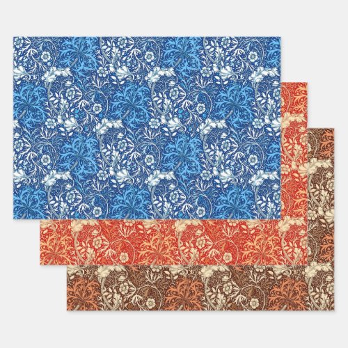 William Morris Seaweed Floral Blue Coral  Brown  Wrapping Paper Sheets