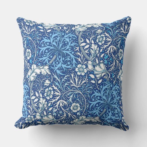 William Morris Seaweed Floral Cobalt Blue  White Throw Pillow