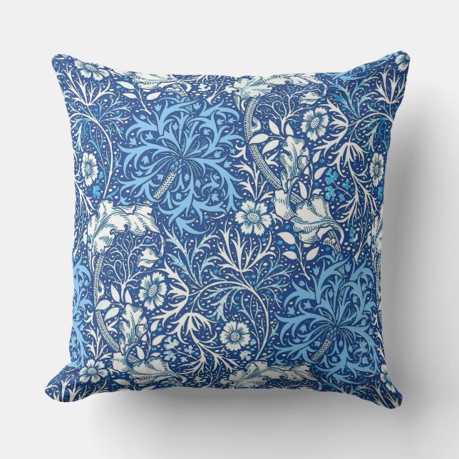William Morris Seaweed Floral, Cobalt Blue & White Throw Pillow (Front)