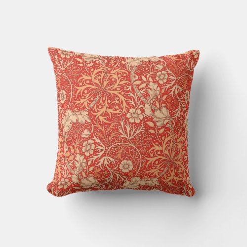 William Morris Seaweed Floral Deep Coral Orange Throw Pillow