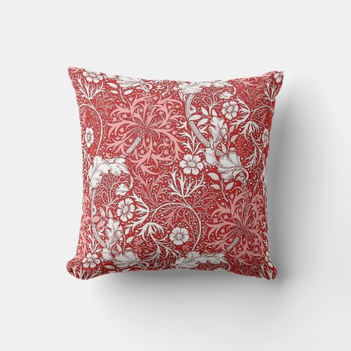William Morris Seaweed Floral Deep Red and White Outdoor Pillow